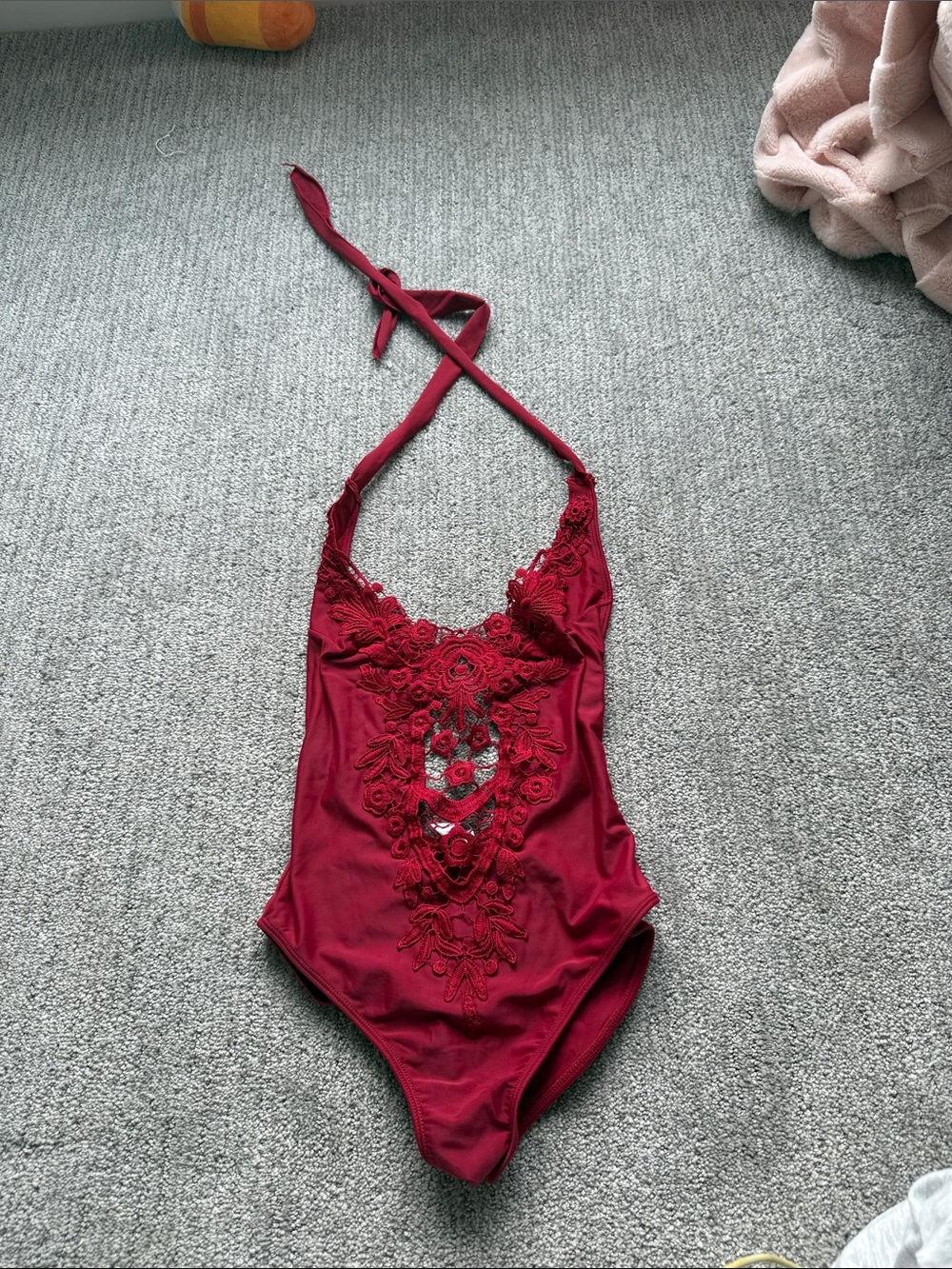 Designer Halter One-Piece Swimsuit with Embroidered Front - Red